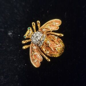 Joan Rivers Bee Brooch Rhinestone Pearl Enamel Green Eye Statement Jewelry